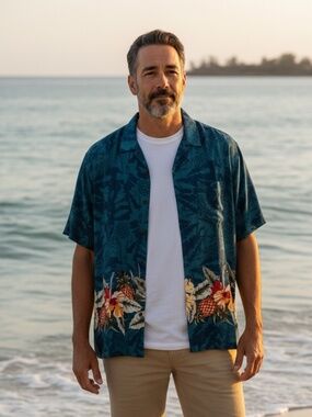 ⭐️ EMERGENCY EXIT Mens Hawaiian Shirt Blue Floral - size M